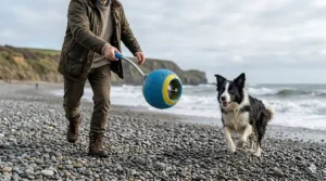 A person using a ball launcher with a durable squeaky ball on a typical British pebbled beach.