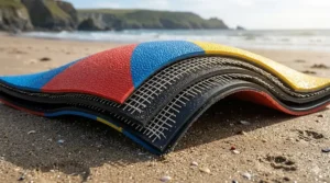 Close-up photorealistic illustration showing the thick, non-toxic rubber layers and micro-composite reinforcement of a dog-friendly beach ball.