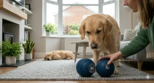 A small puppy gnawing on a soft-textured ball with an internal muffled squeaker to prevent over-stimulation.