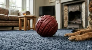 A large rubber ball for big dogs designed with a quiet bounce for indoor play on wooden floors.
