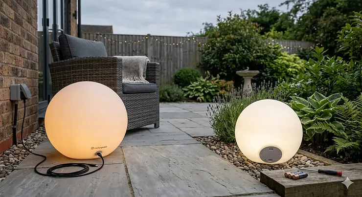 A side-by-side comparison of a rechargeable LED glow ball and a traditional battery-powered version illuminating a British patio at night. rechargeable glow ball vs battery powered