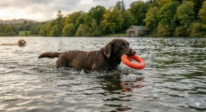 A photorealistic photograph of a chocolate Labrador Retriever swimming in a calm British lake, retrieving a tough red and yellow rubber floating ring toy.