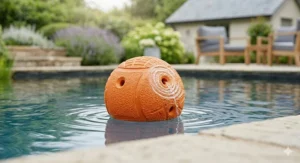 Close-up of an orange floating dog ball in water, highlighting the safety air-gap vents designed to prevent suction and choking.