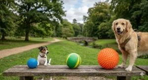 A size guide featuring a Jack Russell and a Golden Retriever on a wooden bench with small, medium, and large squeaky balls.