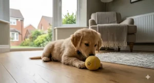 A Golden Retriever puppy playing with a soft yellow squeaky ball on a light oak floor inside a modern British home.