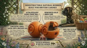 A detailed diagram of a solid-core natural rubber dog ball, tested and approved for powerful British chewers to prevent crushing.