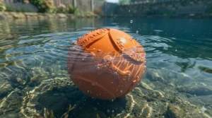 A solid orange rubber dog ball submerged in water, demonstrating its puncture-resistant and durable design for large dogs.