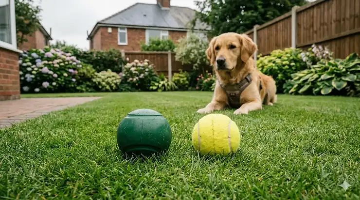 A side-by-side comparison of a heavy-duty solid rubber dog ball and a standard hollow tennis ball resting on a manicured British lawn. solid rubber ball vs hollow for dogs