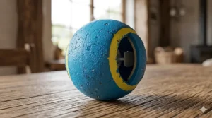 A size guide comparing indestructible squeaky balls to a tennis ball, suitable for Jack Russells up to Labradors.