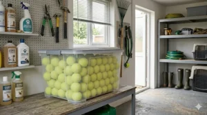 A clear plastic storage bin filled with bulk tennis balls kept on a wooden bench in a tidy British garage or utility room.