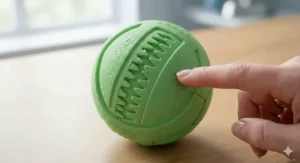 A detailed view of the ridged surface on a glow in the dark dog ball for better grip and dental cleaning.