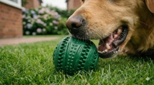 A close-up of the geometric textured surface on a solid rubber ball designed to help clean a dog's teeth and massage gums during play.