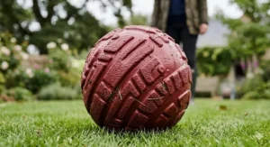Close-up of the textured surface on a large rubber ball for big dogs, showing easy-grip patterns for large jaws.