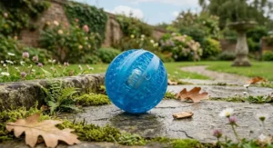 A blue textured squeaky ball with dental cleaning ridges sitting on a damp stone patio surrounded by fallen autumn leaves.