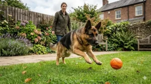 A large German Shepherd playing with a tough rubber ball on a stone patio in a typical UK garden setting.