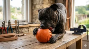 A powerful dog chewing on a heavy-duty orange rubber ball on a wooden garden workbench, demonstrating the ball's durability.