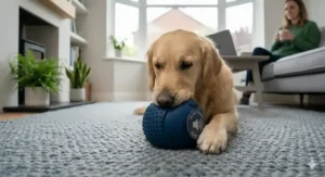An illustration showing how ultrasonic squeaky balls work at a frequency only dogs can hear, keeping the house peaceful.