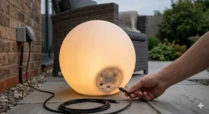 A close-up of a rechargeable glow ball being powered via a USB cable, highlighting the eco-friendly alternative to disposable batteries.