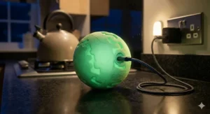 An illustration showing a USB cable charging an LED glow in the dark dog ball for winter evening walks.