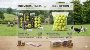Comparison graphic showing the cost savings in Pounds Sterling when buying bulk tennis balls versus individual packs.