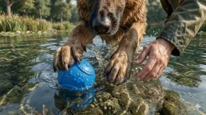 A blue waterproof floating dog ball being retrieved from the water by a dog, suitable for water-based exercise and play.