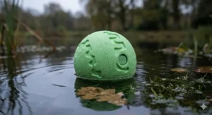 A bright green glow in the dark dog ball floating in a pond, highlighting its waterproof design for rainy UK weather.