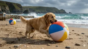 A Golden Retriever playing with a heavy-duty beach ball on a breezy British coast to demonstrate stability in windy weather.