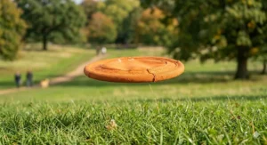 A lightweight fabric frisbee for dogs captured in mid-air, illustrating its aerodynamic shape for long-distance throws in a garden or park.
