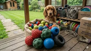 An assortment of affordable dog balls in various sizes laid out on a patio, suitable for different breeds across the UK.