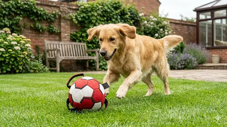 A detailed, 4K photorealistic photograph of a Golden Retriever running with a specialised dog football toy featuring grab tabs, on a green lawn in a British garden setting. dog football toys
