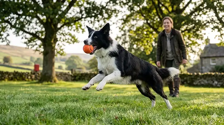 A Border Collie jumping to catch a durable fetch toy in a lush green British park with a stone cottage in the background. fetch toys for dogs