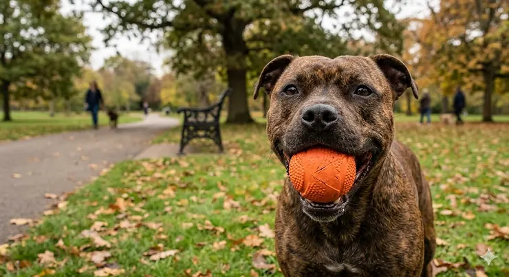 A powerful brindle Staffordshire Bull Terrier running through an autumnal British park with a durable orange rubber ball in its mouth, demonstrating the best balls for dogs who destroy everything. balls for dogs who destroy everything