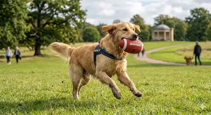 A happy Golden Retriever running across a green British park with a bright orange rugby ball dog toy in its mouth. rugby ball dog toy