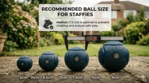 A guide showing the safe ball size for a Staffy to prevent choking hazards while playing fetch.