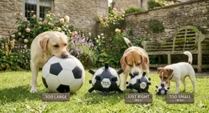 A Labrador, Beagle, and Terrier illustrating the just right soccer ball for dogs of various sizes and breeds.