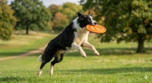 A black and white Border Collie jumping to catch an orange fabric frisbee for dogs during an outdoor exercise session in the English countryside.
