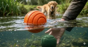 A bright, buoyant dog ball floating on water, perfect for summer fetching in local lakes or streams.