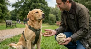 A dog ball with dental ridges designed to clean teeth, demonstrating a premium toy that aids canine oral health.