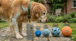 A size guide comparing different balls for senior dogs to prevent choking hazards in larger British breeds.