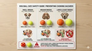 A photorealistic comparison chart titled "DOG BALL SIZE SAFETY GUIDE: PREVENTING CHOKING HAZARDS," displaying various dog breed heads alongside scaled, colour-coded rubber and tennis balls with measurements.