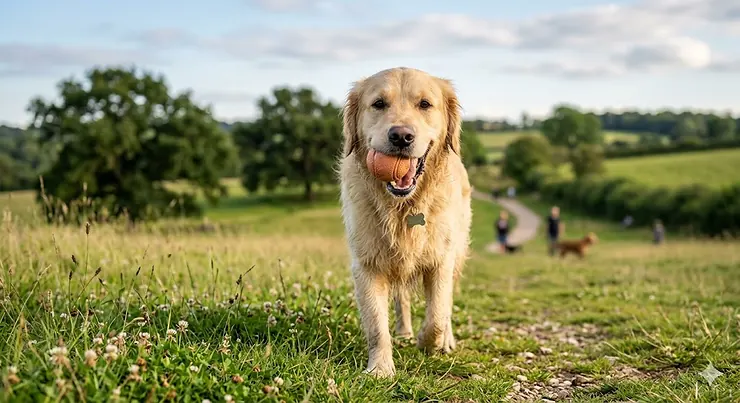 A happy Golden Retriever in a British park holding a specially designed soft rubber ball that won't hurt dogs' teeth. balls that won't hurt dogs teeth