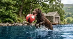 A detailed, 4K photorealistic photograph of a Border Collie training in a public park, herding a large dog football toy with grab tabs, on a grassy field in the UK.