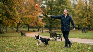 A high-resolution action photograph taken in a large British park, capturing a grinning dog owner in a navy waterproof jacket using a ball thrower to launch an orange rubber ball for his Border Collie.