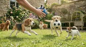 An owner throwing a soccer ball for dogs with grab tabs to a group of excited dogs in a British park setting.