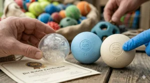 Hands filling a tough rubber chew toy with treats, demonstrating the durability of our pet supply range.