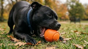 A close-up photograph of a black Staffy intensely chewing the orange heavy-duty natural rubber ball in an autumnal park setting, demonstrating its durability.