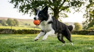 A durable orange rubber fetch toy held by a Border Collie in a grassy field, showcasing heavy-duty material.