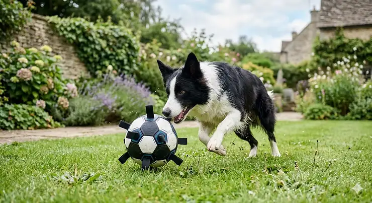 A playful Border Collie chasing a durable soccer ball for dogs across a green lawn in a traditional UK cottage garden. soccer ball for dogs