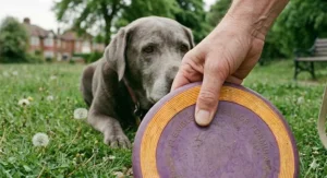 Demonstrating the flexible and durable material of a non-toxic rubber frisbee, perfect for gentle fetch.
