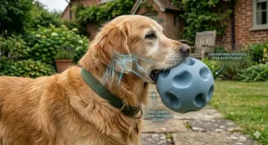 Illustration showing a dog ball with a hollowed design or "potholes" for easy picking up without wide jaw extension.